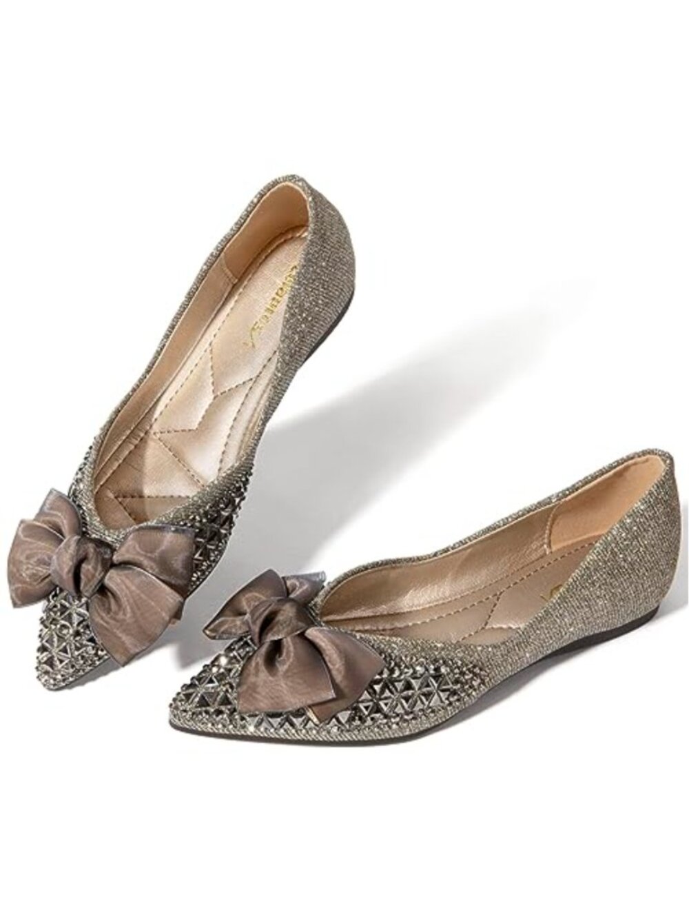 Women Rhinestone Pointed Toe Ballet Flats Bowknot Comfort Dressy Slip On Suede